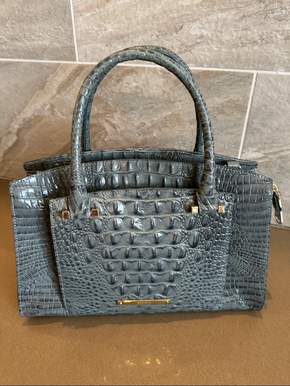 Brahmin Croc-Embossed Top-Handle Satchel in dysty Blue